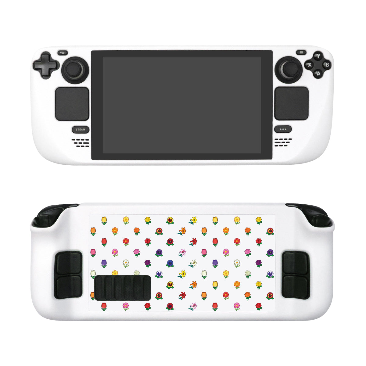 The Flower Crossing Steam Deck Case by petimint is displayed in white with a black screen, shown from both the front and back. The back is adorned with an intricate pattern of colorful small fruits and vegetables. The front features multiple buttons and joystick controls, making it ideal for any cozygamer looking to unwind.