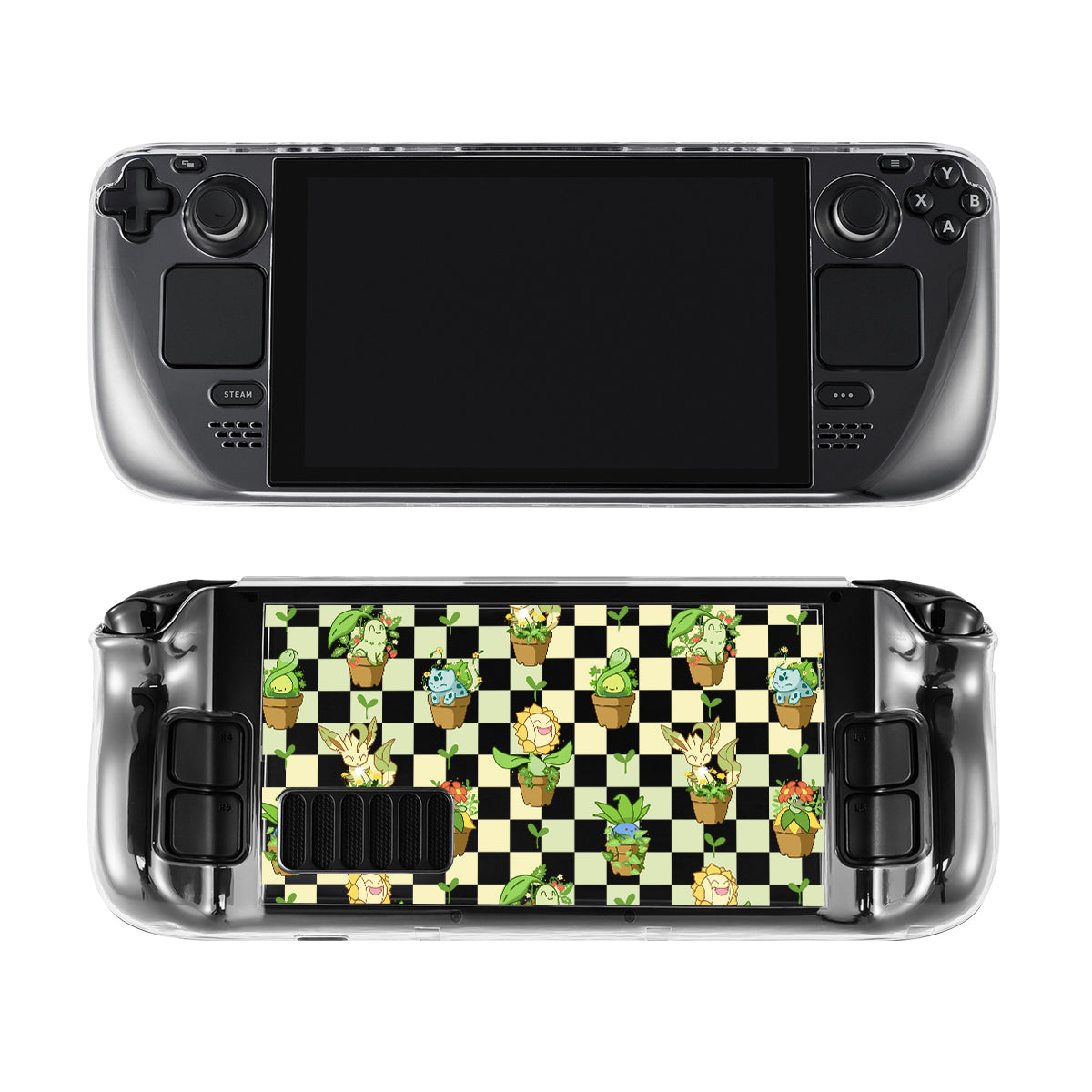 A clear handheld gaming console with a large screen and various buttons on the front. The back of the console is covered by the Pokepots Steam Deck Case from petimint, featuring a colorful, checkered design with illustrations of cartoon plants in pots—perfect for the cozygamer who appreciates both style and function.