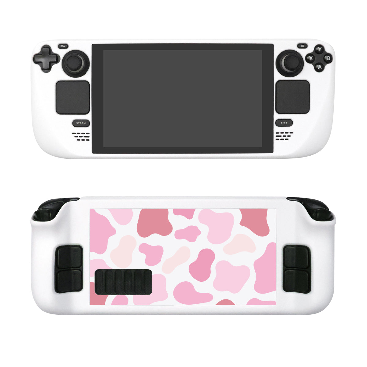 Front and rear views of the handheld gaming console adorned with the Strawberry Cow Steam Deck Case by petimint. The device, reminiscent of a Nintendo Switch, boasts a large screen with control buttons on each side. The back features a gamer-friendly pink and white camo pattern design.
