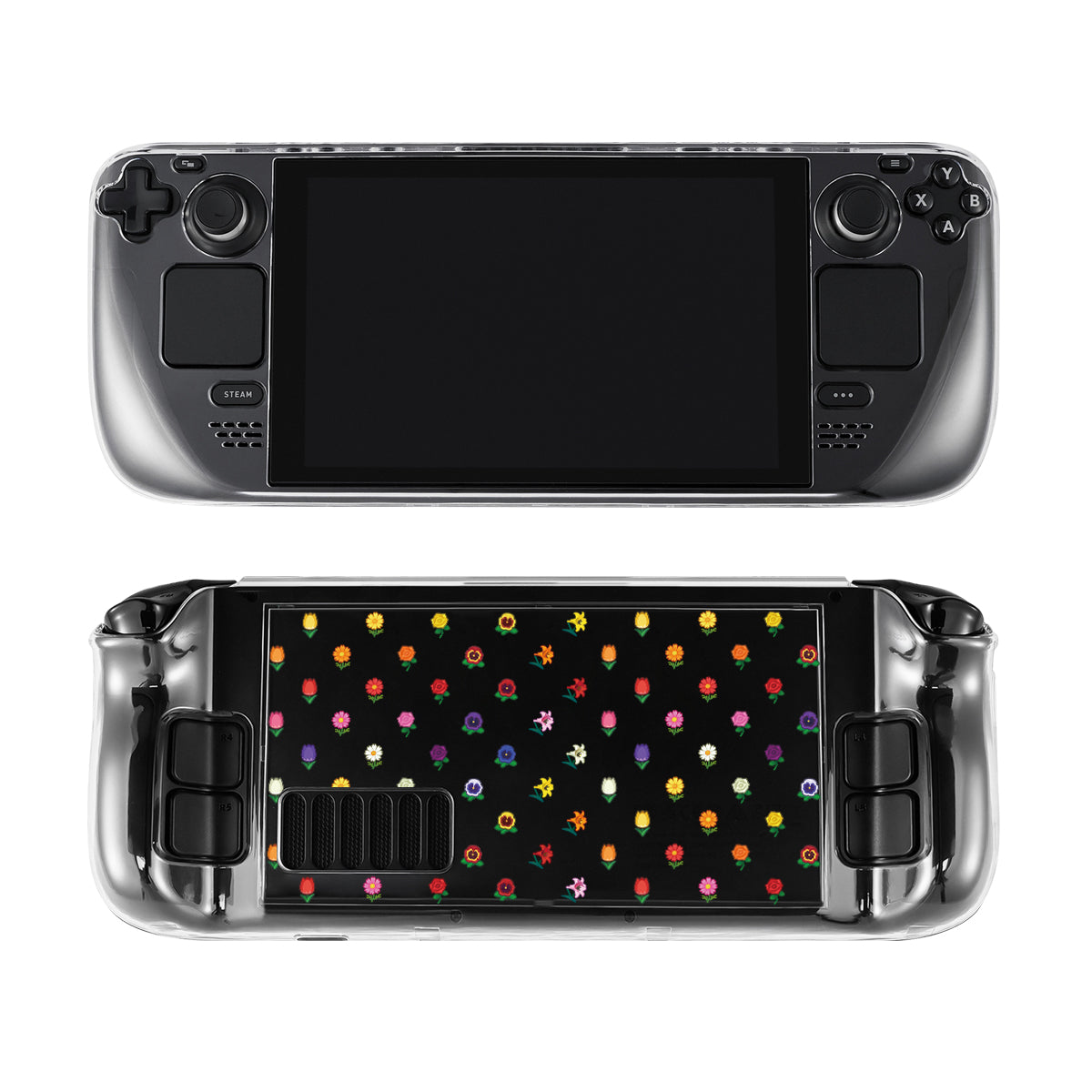 Introducing the Flower Crossing Steam Deck Case from petimint—a handheld gaming console case with a clear screen on the front. The back cover, ideal for any cozygamer, features an array of colorful small icons including stars, flowers, and other shapes in a scattered pattern on a black background.