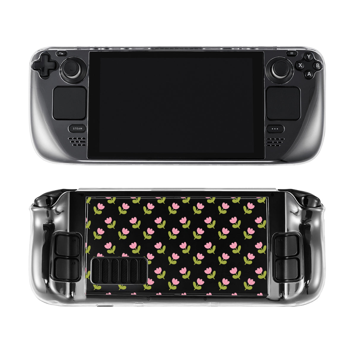 A handheld gaming console with a black screen and black controls is displayed from both the front and back. The front showcases a screen flanked by joysticks and buttons, while the back is adorned with the petimint Pink Tulips Steam Deck Case, featuring pink flowers and green leaves on a black background.