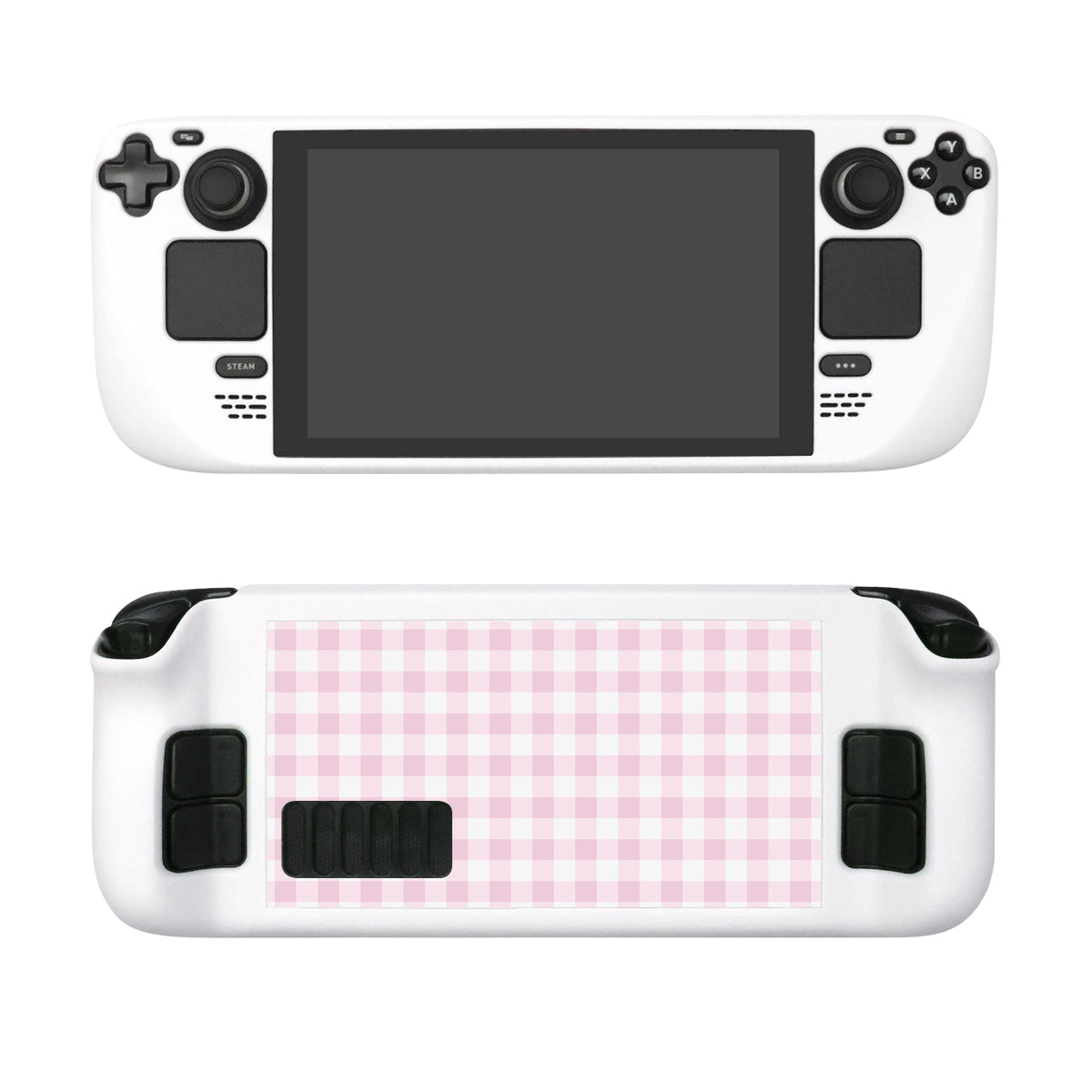 Front and back views of the Picnic Steam Deck Case by petimint in a delightful pink shade, perfect for any cozy gamer. The front features a large screen opening, compatible with the Steam Deck's directional pad and various buttons. The back showcases a charming pink and white checkered pattern with two black grip handles and additional button cutouts.