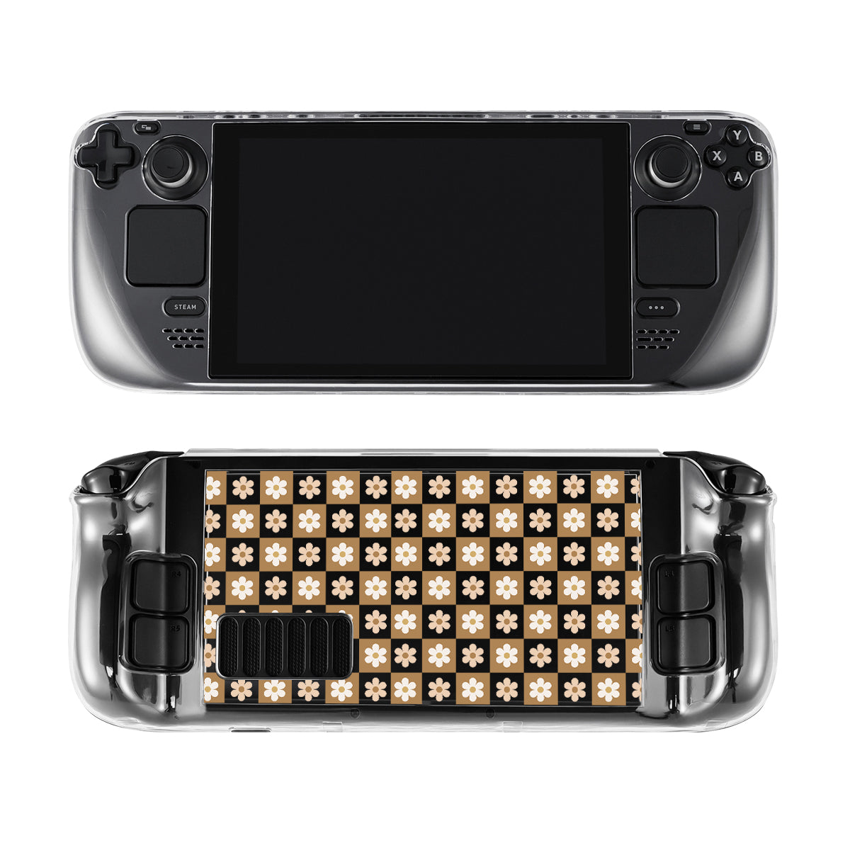 The Cozy Checkered Flowers Steam Deck Case by petimint is showcased with a plain black screen on the front, featuring a decorative pattern of white flowers on a black and brown checkered background on the back. Made from quality hard PC, this clear case provides full protection with multiple buttons and joysticks accessible on both the front and back.