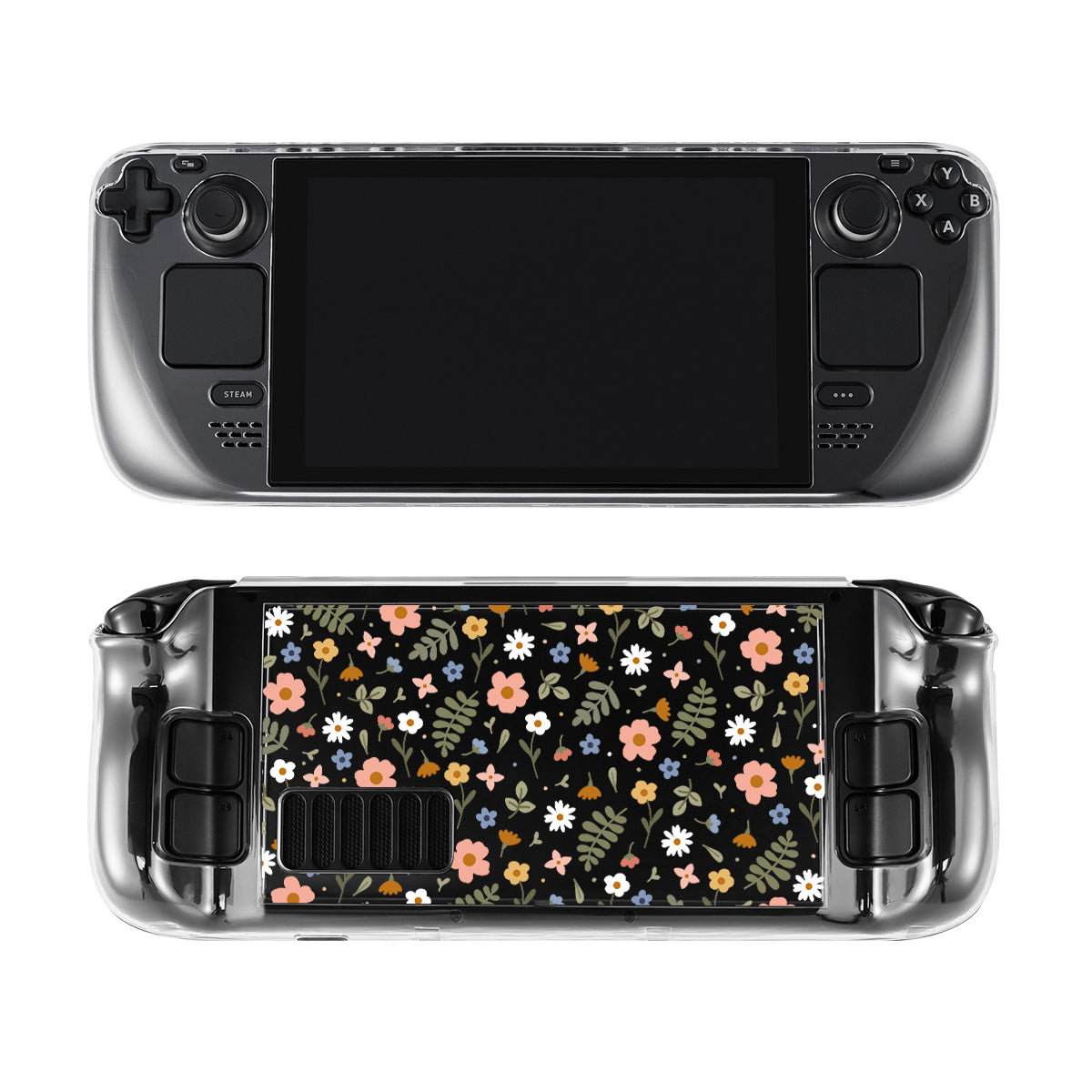 A handheld gaming console is shown, featuring both front and back views. The front boasts a large screen surrounded by buttons and control sticks. The back, perfect for any cozy gamer, displays the beautiful petimint Spring Steam Deck Case in a clear design adorned with pink, orange, and white flowers with green leaves on a black background.