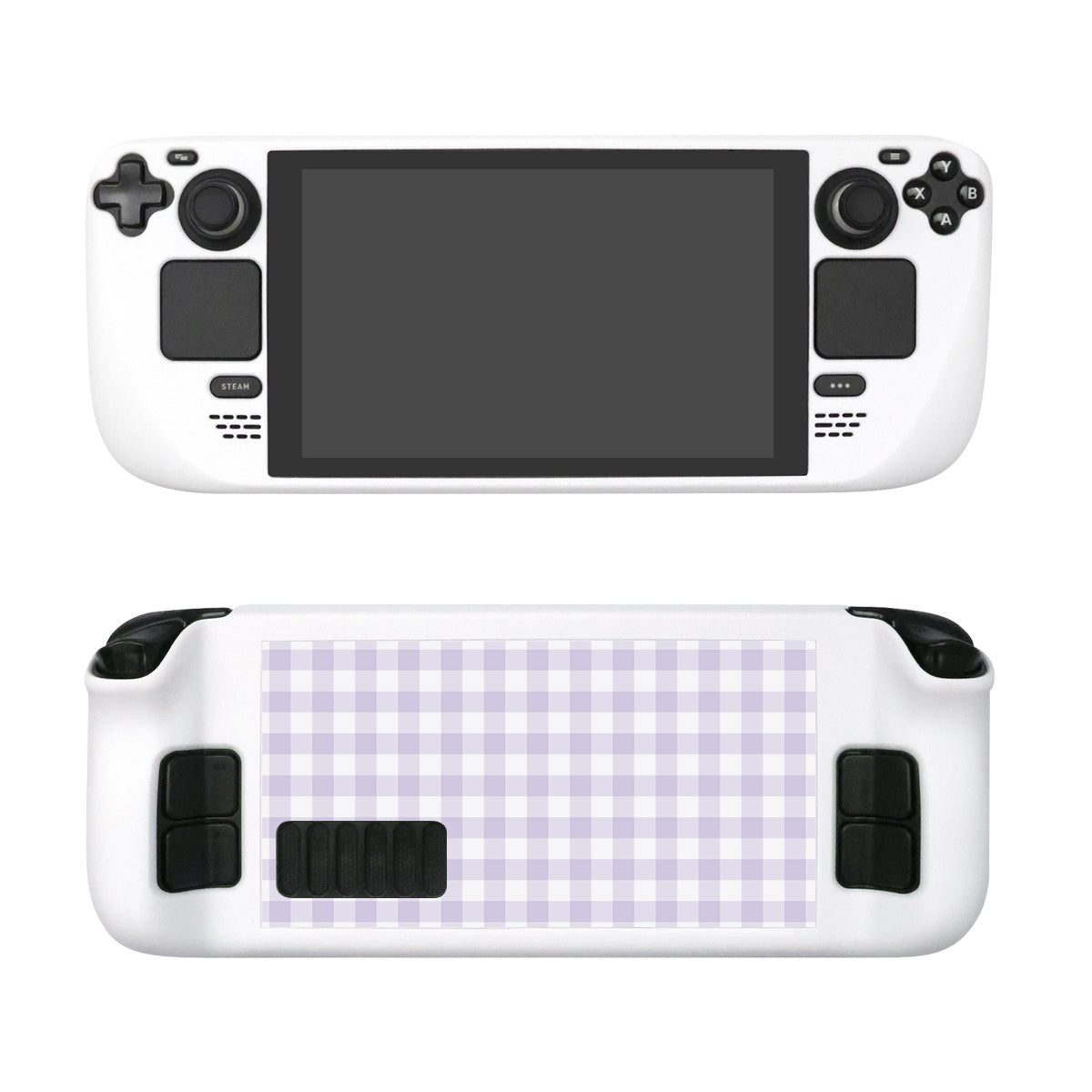 Introducing the Picnic Steam Deck Case by petimint, designed with a white exterior that's perfect for any avid gamer. The front of the case features a large screen opening centered, flanked by protective slots for buttons and control sticks on both sides. The rear showcases an eye-catching purple and white checkered pattern, with additional grips and button covers to ensure ultimate comfort and functionality.
