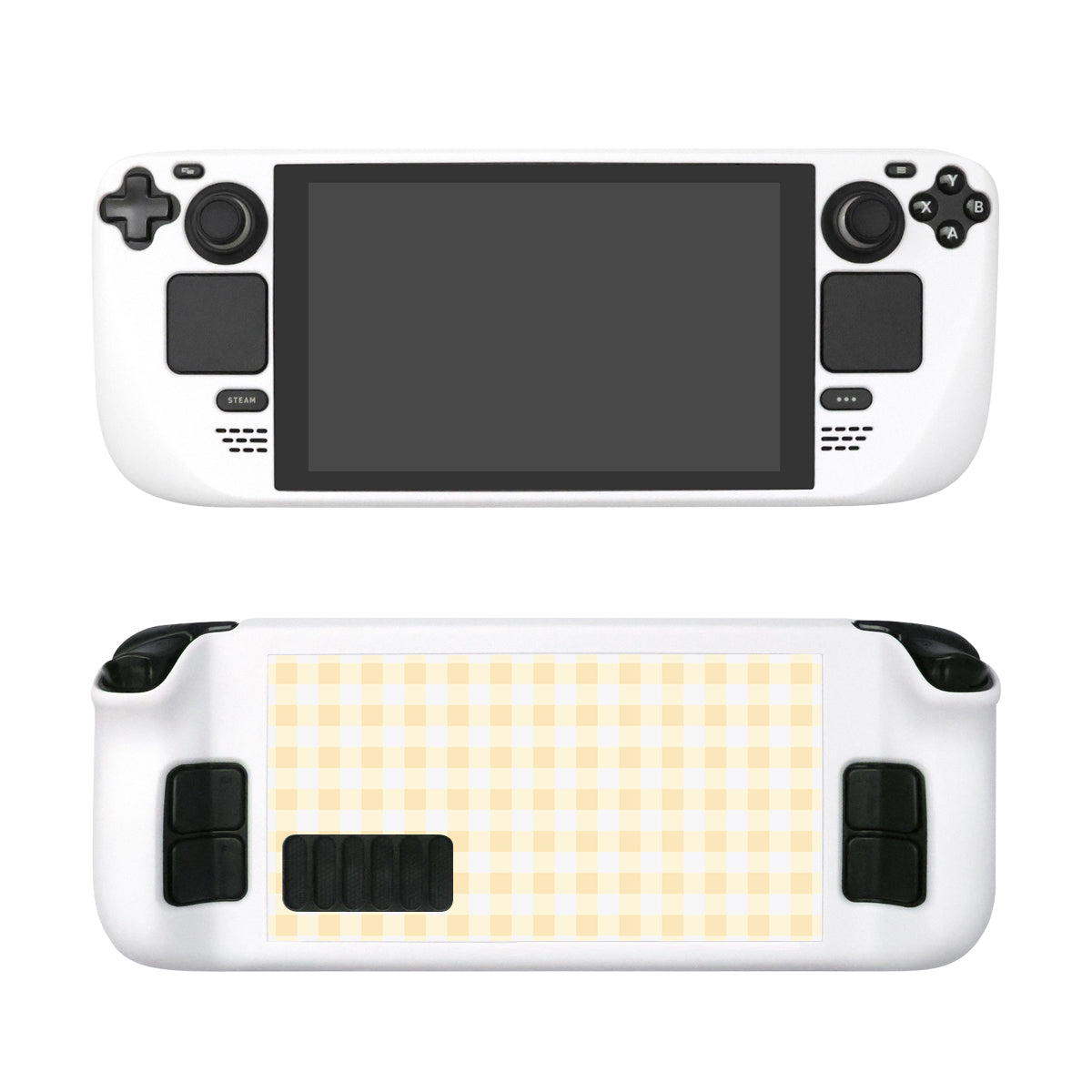 Introducing the Picnic Steam Deck Case by petimint: a handheld gaming accessory with a large screen at the center and control buttons and joysticks on either side. The case itself is white, while the back features an eye-catching yellow and white checkered pattern, making it a stylish addition to any gamer's collection.