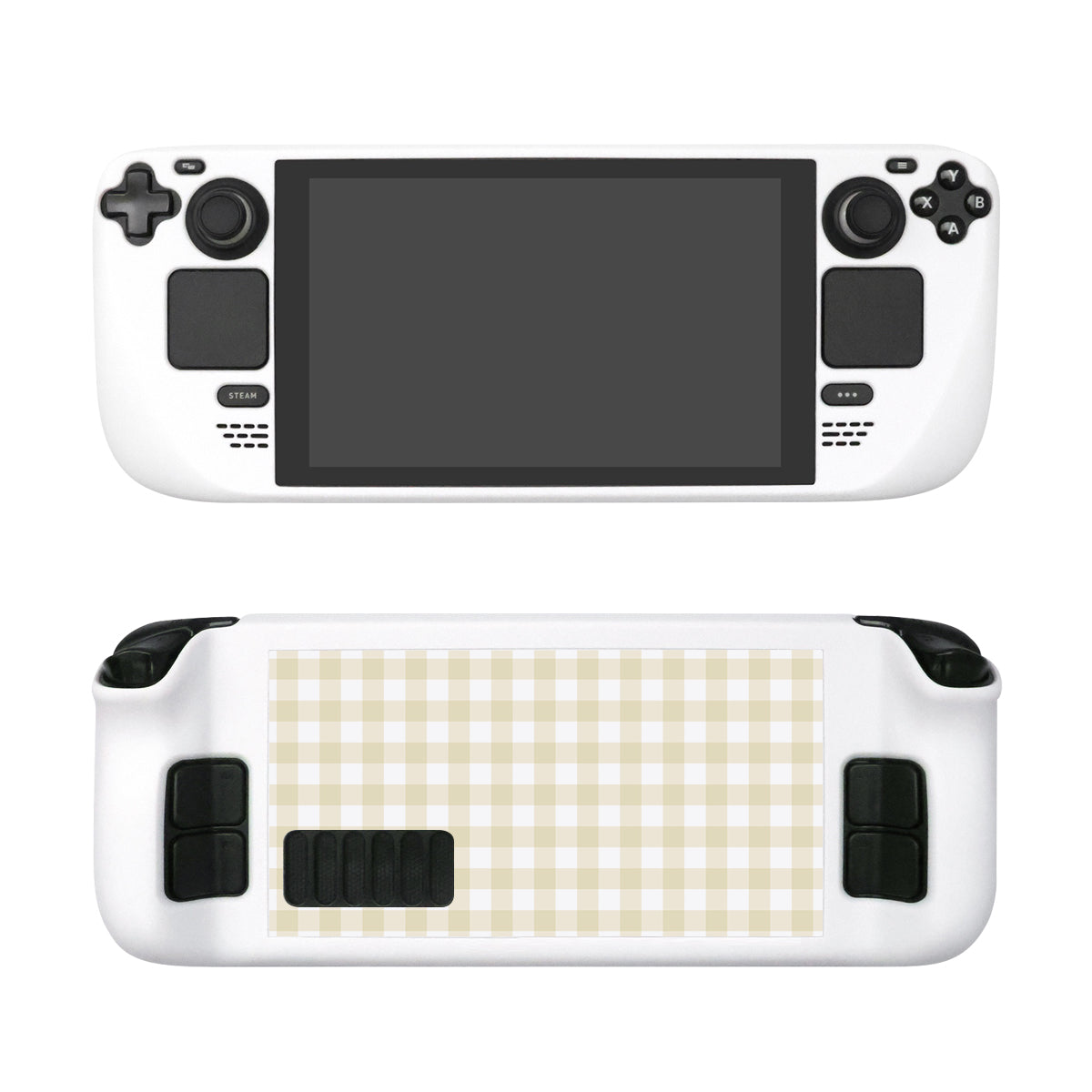 The Picnic Steam Deck Case by petimint is a white handheld gaming console accessory featuring dual analog sticks, a D-pad, buttons, and a large central screen on the front. Perfect for any cozy gamer, the back displays an attractive beige and white checkered pattern with additional buttons and grips for an enhanced gaming experience.
