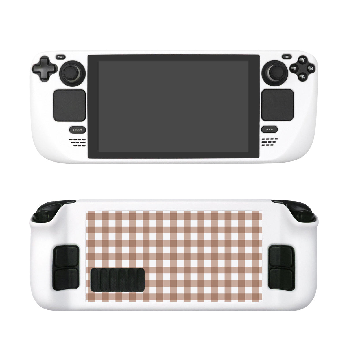 A handheld gaming console, reminiscent of a Nintendo Switch, is showcased with the Picnic Steam Deck Case by petimint. The case features a white body and displays front and back views of the device. The front boasts a large screen centered amidst various buttons and joysticks, while the back flaunts a cozy checkered brown and beige pattern in the center, ideal for any cozygamer.