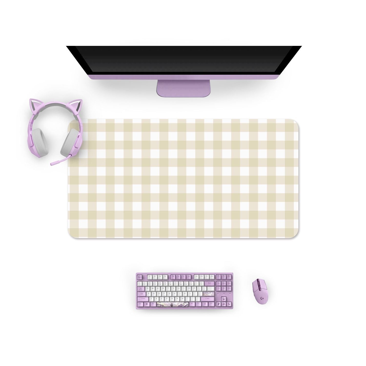 A cozy gamer's ideal setup: a monitor with a thin black bezel, light purple cat ear headphones, a matching mouse and keyboard, all arranged perfectly on the Picnic Mouse Pads PC Gaming Accessories by petimint in beige. Perfect for an inviting gaming session or even connecting your Nintendo Switch.