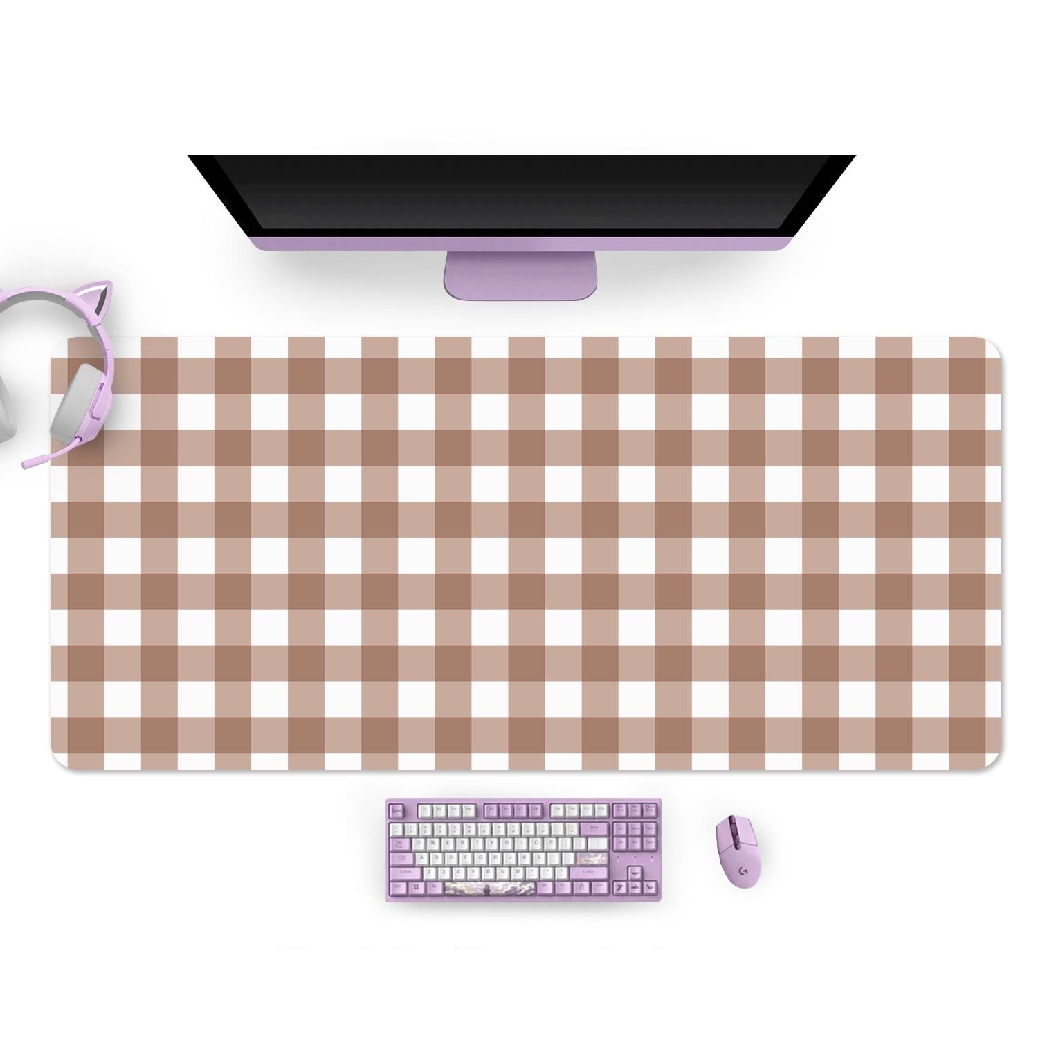 A gaming setup featuring a Picnic Mouse Pad by petimint, sporting a brown checkered design, paired with a purple mechanical keyboard, a matching purple mouse, and a pair of purple and white cat ear headphones resting on the left side. A monitor with a black screen sits on the desk, ready for an epic gamer session.