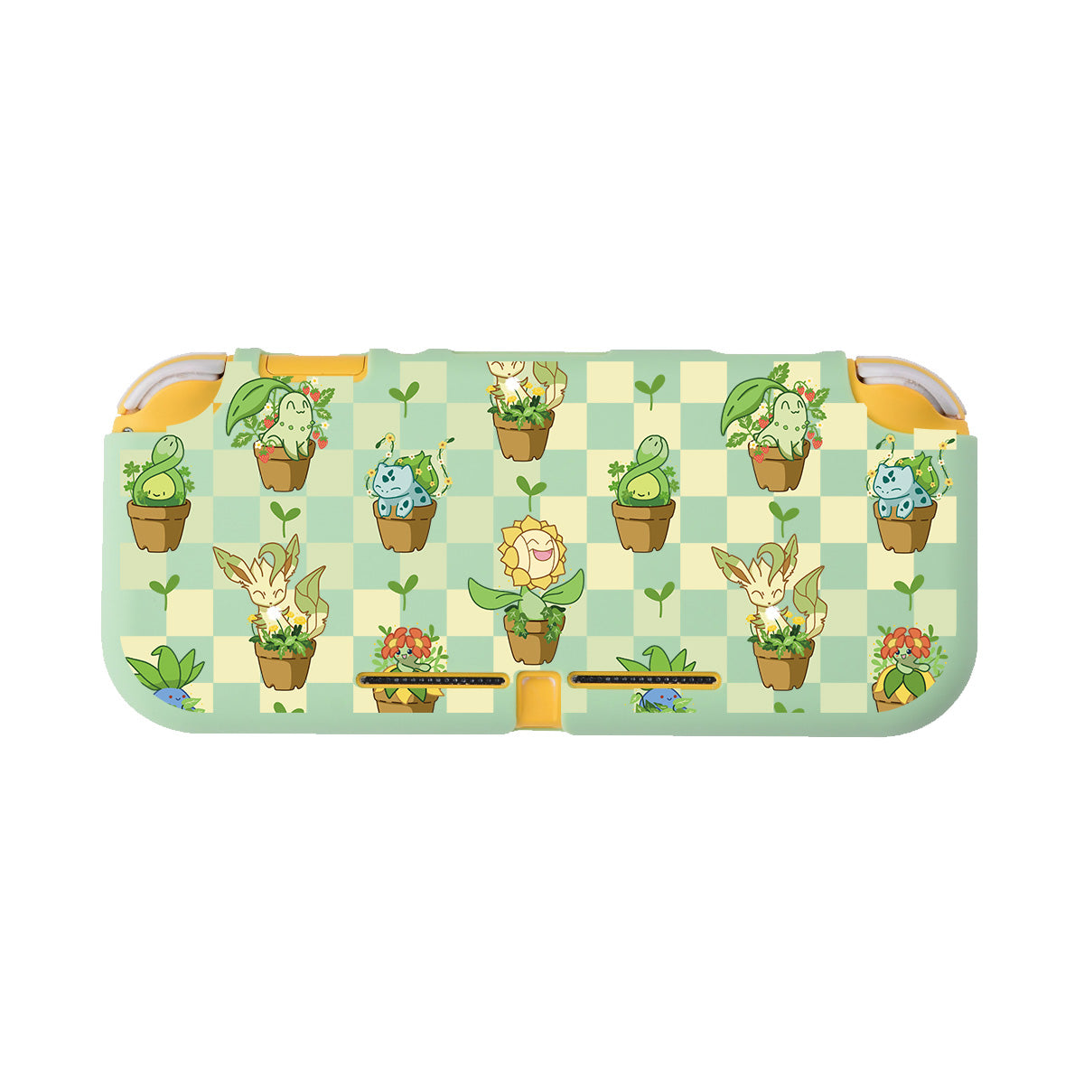 The Pokepots LITE Case for Nintendo Switch by petimint is a decorative, rectangular case in green with a cheerful yellow checkerboard pattern that features various Pokémon illustrated as potted plants. Perfect for a gamer's collection, this playful and nature-inspired case has rounded edges and top zippers, showcasing vibrant colors.