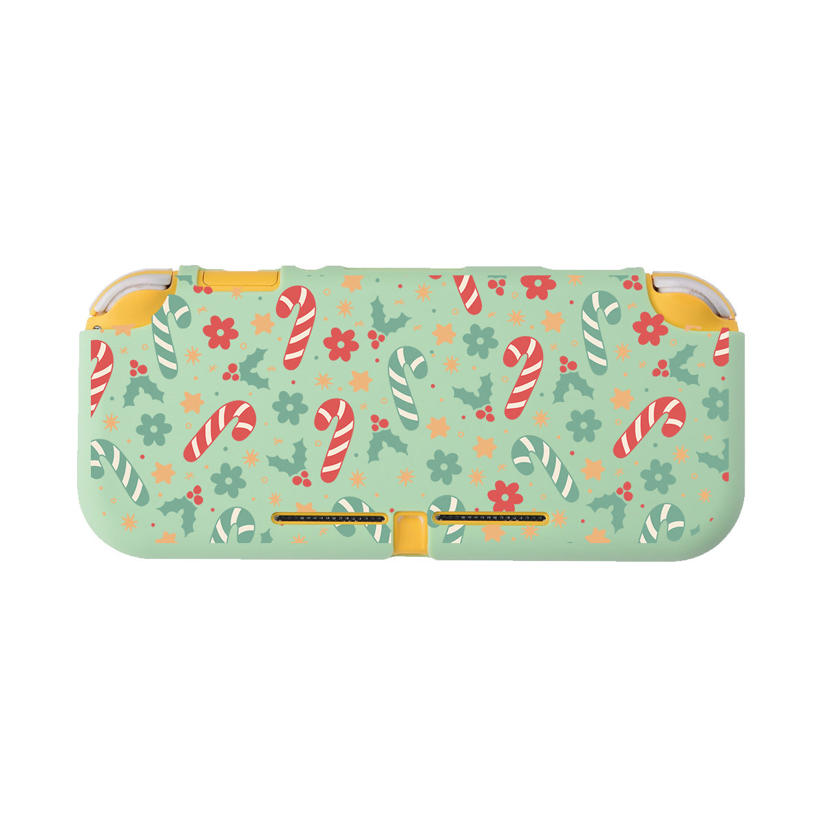 Introducing the petimint Candy Cane LITE Case for Nintendo Switch. This light green, rectangular case features a festive pattern adorned with candy canes, flowers, and stars in red, white, and green. Perfect for the cozygamer, it has slightly rounded edges with certain parts like the corners and central section tastefully exposing a yellow surface underneath the cover.