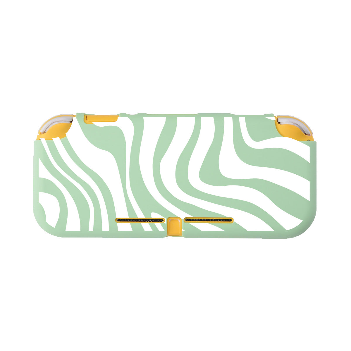 Introducing the Zebra LITE Case for Nintendo Switch by petimint, a handheld gaming console case featuring a green wavy stripe pattern reminiscent of zebra stripes. With distinctive yellow accents at the shoulder button areas, this stylish accessory is perfect for any gamer looking to protect their device.