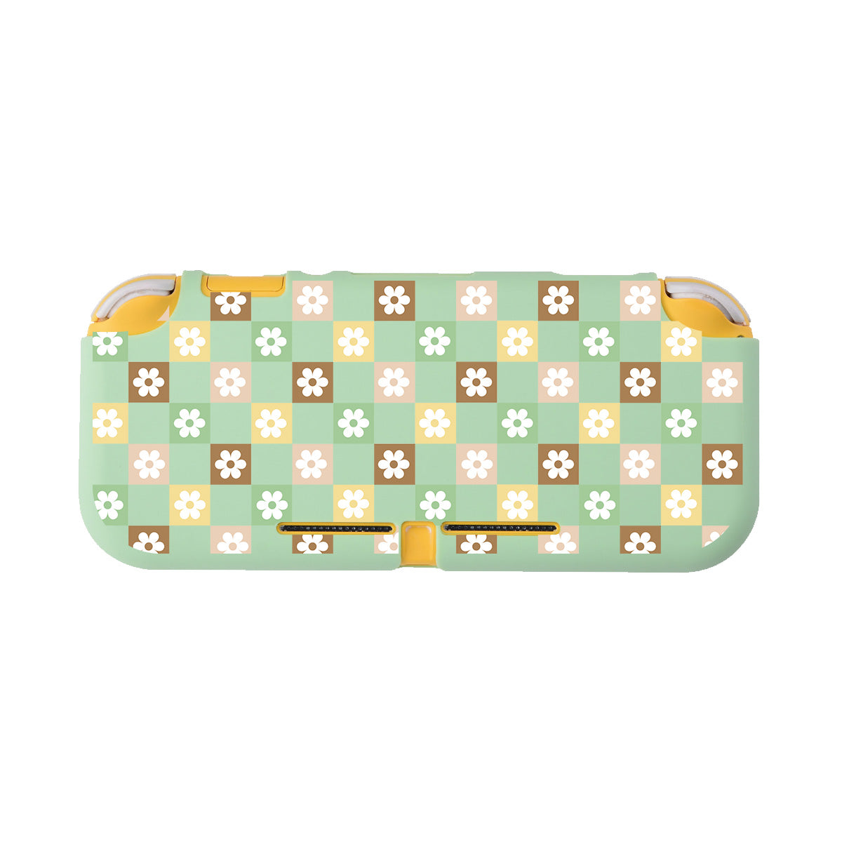The Checkered Seasonal Flowers LITE Case for Nintendo Switch by petimint is a mint green device case featuring a charming checkered pattern with squares in green, yellow, brown, and white, each adorned with a small flower. The case has yellow accents and is an ideal choice for the cozygamer's portable electronic device.