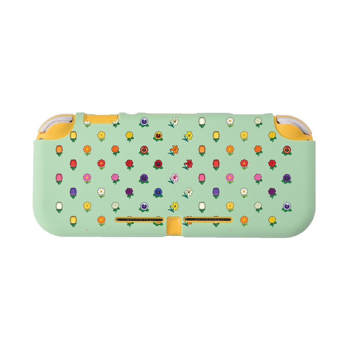 Introducing the Flower Crossing LITE Case for Nintendo Switch by petimint: a mint green protective case featuring a vibrant pattern of flowers and balloon icons. This case includes yellow accents and precise cutouts for buttons and ports, making it the perfect choice for any gamer wanting to add some flair to their gaming setup.