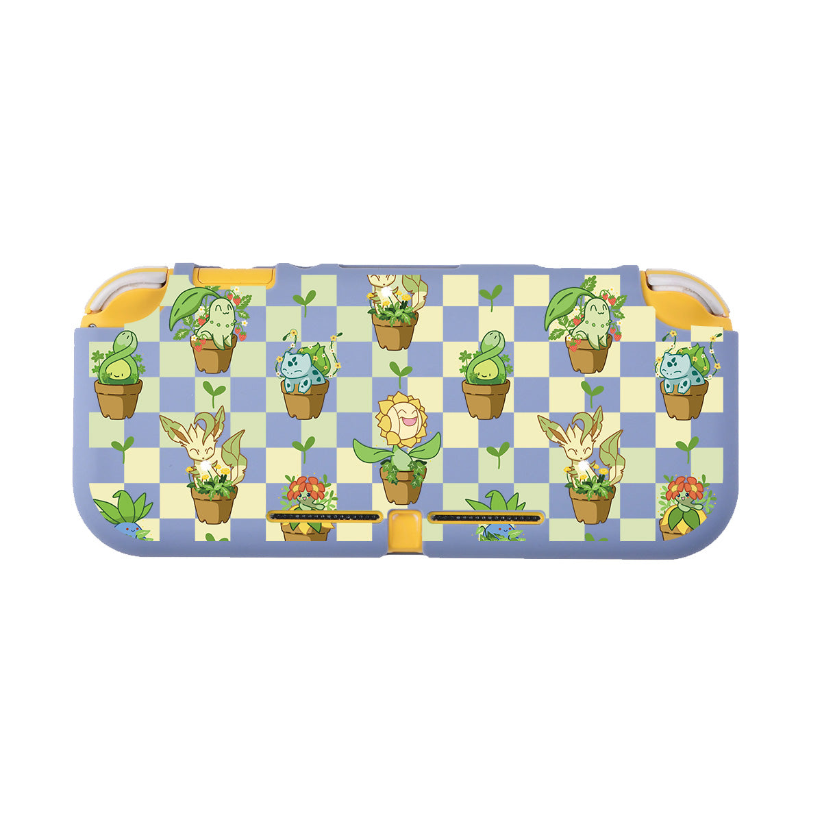 Petimint's Pokepots LITE Case for Nintendo Switch is a grey, brightly-colored protective case featuring green and blue squares with various cartoon plant-themed creatures and potted flowers. Perfect for the cozy gamer, it showcases small animals with plant-like features in an orderly grid layout.