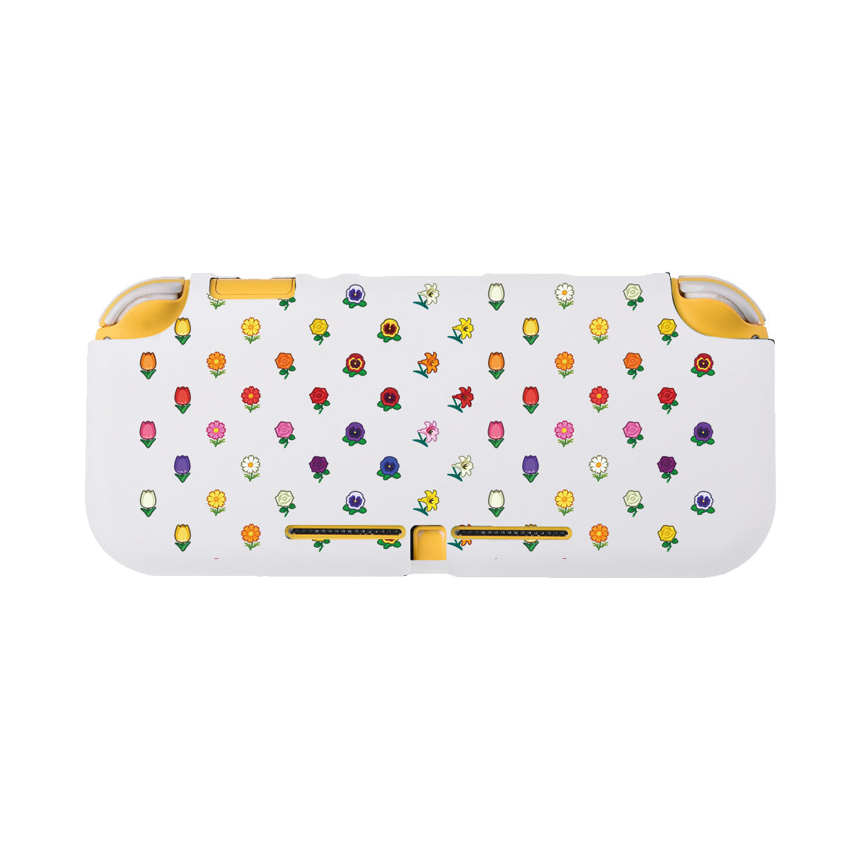 The petimint Flower Crossing LITE Case for Nintendo Switch is white with a multitude of small, colorful flowers scattered across its surface in shades of red, yellow, purple, and green. Perfect for stylish gamers, this case also features yellow accents on the top-left and top-right corners.