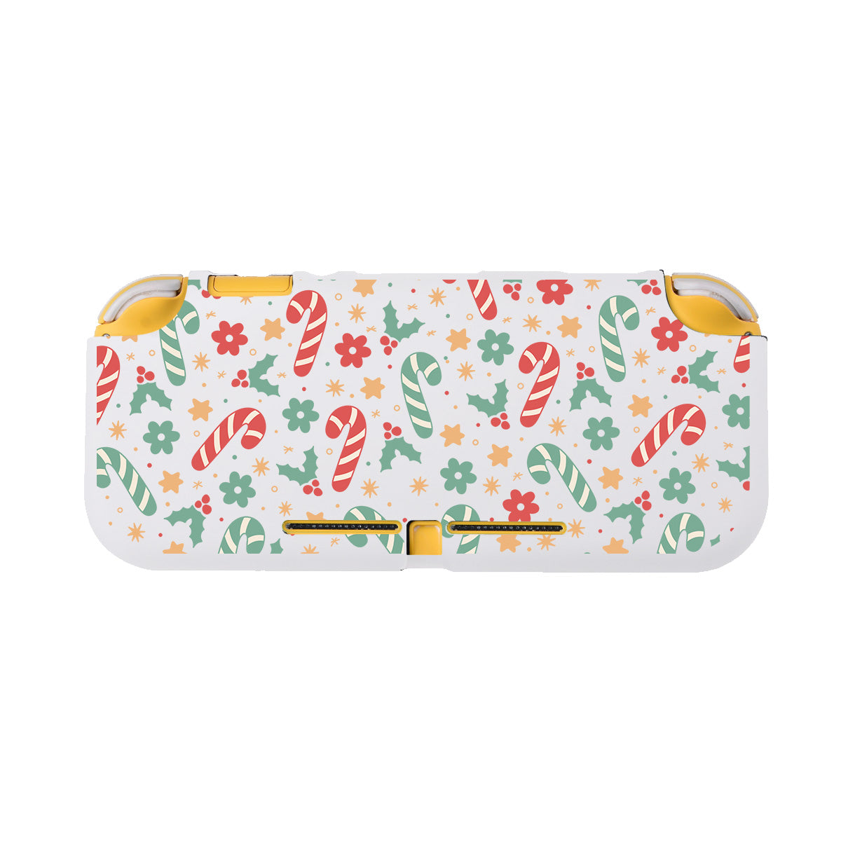 Introducing the Candy Cane LITE Case for Nintendo Switch by petimint, a rectangular handheld gaming accessory adorned with a festive candy cane and flower pattern in red and green. This cozygamer case features yellow buttons on a predominantly white background, making it perfect for any holiday-themed gaming session.