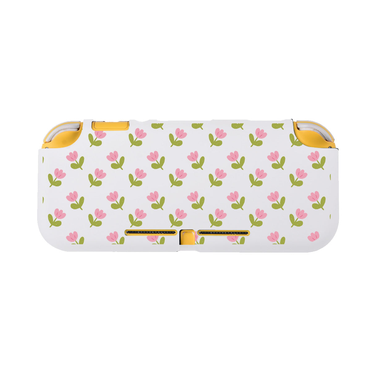 The Pink Tulips LITE Case for Nintendo Switch by petimint is a white rectangular case with rounded edges, adorned with a pattern of pink and green tulips. Perfect for the cozygamer, the case features small cutouts and yellow accents at the corners and edges.