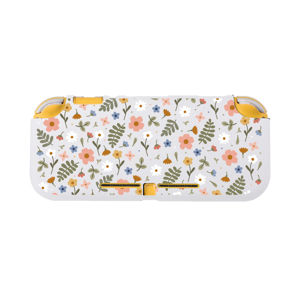 The petimint Spring LITE Case for Nintendo Switch is a white case adorned with a floral pattern showcasing pink, blue, and white flowers alongside green ferns and leaves, accented with yellow highlights. It's specifically designed to securely hold a small electronic device like the Nintendo Switch—ideal for gamers who are always on the move.