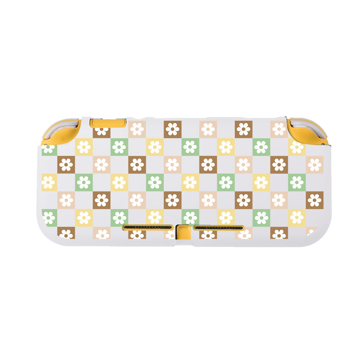 The Checkered Seasonal Flowers LITE Case for Nintendo Switch by petimint is a rectangular case with rounded corners, featuring an eye-catching colorful checkered pattern. The design consists of small squares with backgrounds in brown, yellow, green, and white, each adorned with a small flower—perfect for any cozygamer’s delight. Yellow accents and gray clasps add a stylish finish to this white case.