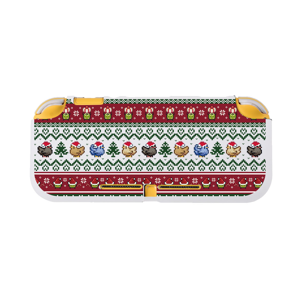 Introducing the Stardew Christmas LITE Case for Nintendo Switch from petimint - a charming game console case adorned with a festive holiday sweater design. It showcases rows of pixel art chickens in Santa hats, Christmas trees, and hearts against a white, red, and green patterned background. Perfect for the cozy gamer, the edges and buttons are highlighted in yellow.