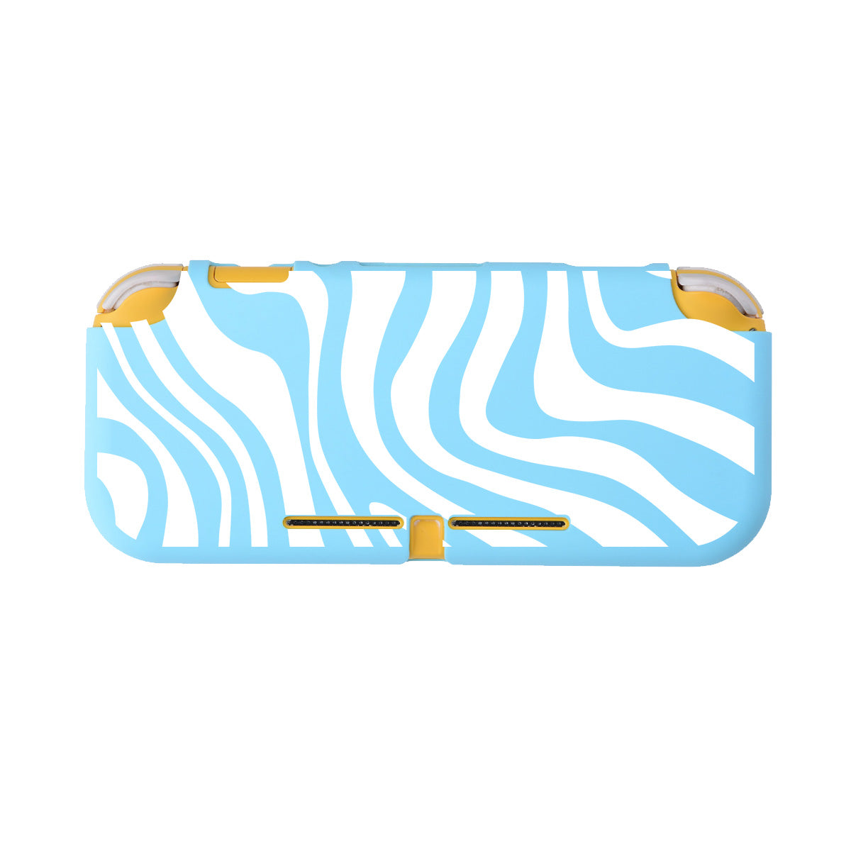 The petimint Zebra LITE Case for Nintendo Switch showcases a stylish blue and white zebra pattern with yellow accents at the corners. The case features wavy lines that mimic zebra stripes and includes precise cutouts for ports and buttons, making it an essential accessory for any cozygamer.