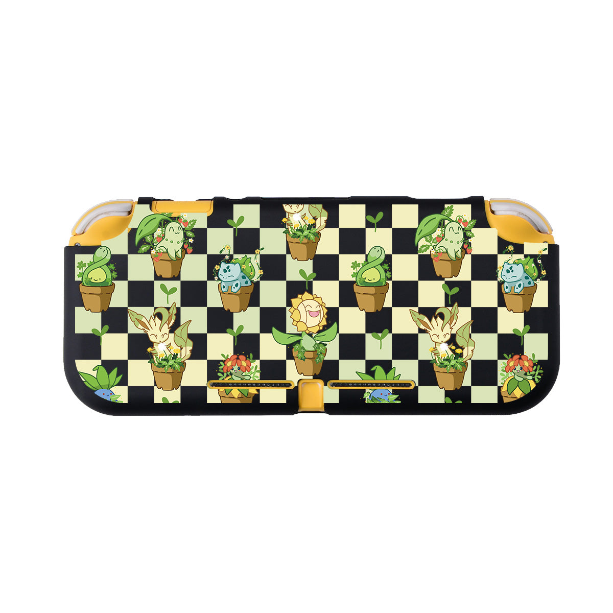 Introducing the Pokepots LITE Case for Nintendo Switch by petimint. This rectangular black case showcases a delightful yellow checkerboard pattern adorned with various potted plants, flowers, and playful cartoon characters. Designed especially for gamers, it features convenient handles and two secure latches at the bottom. The overall design is both cute and whimsical, making it a charming accessory for your Nintendo Switch.