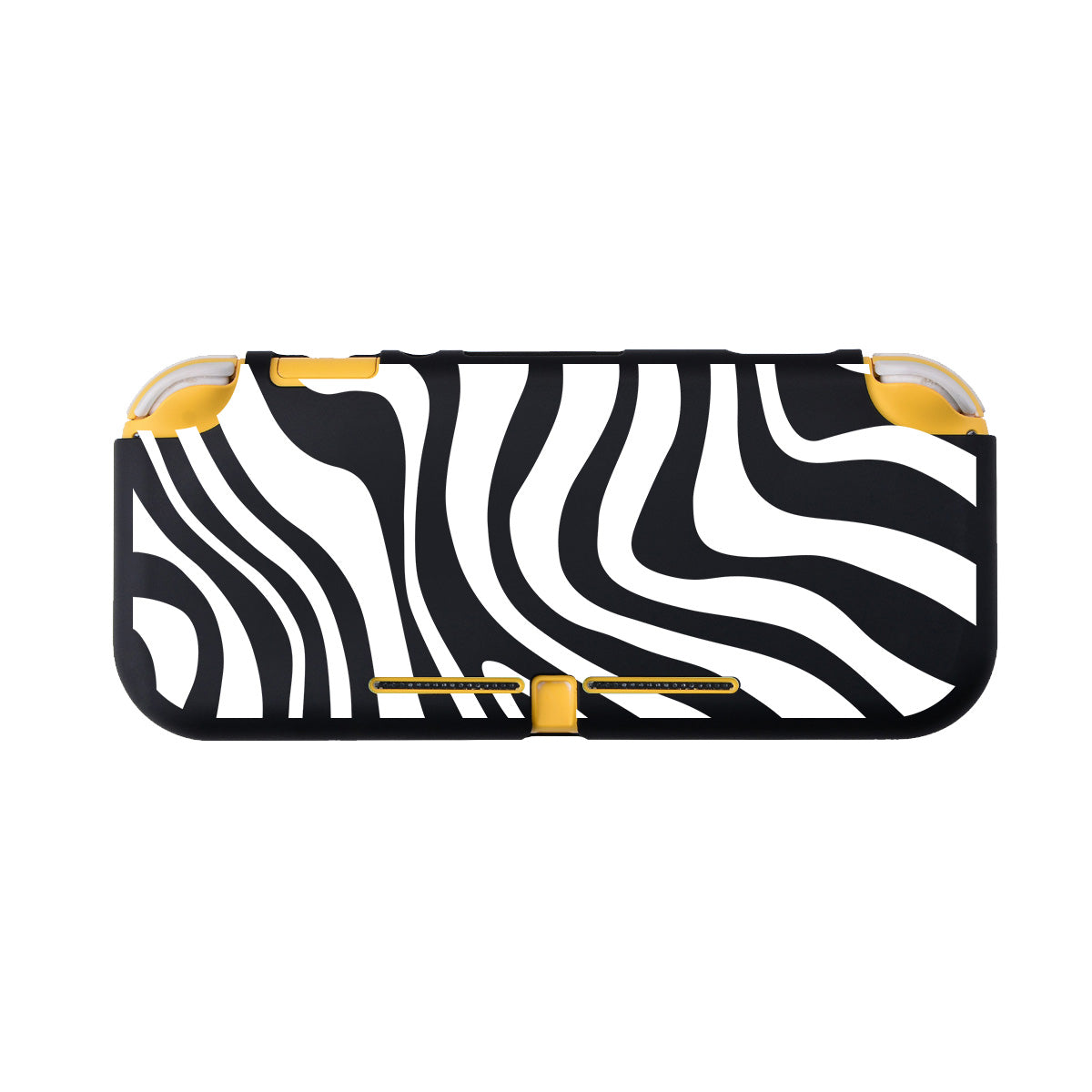 Introducing the Zebra LITE Case for Nintendo Switch by petimint, a rectangular gaming console case with a striking black and white zebra stripe pattern. Perfect for any cozy gamer, this case features yellow accents at the corners and along the edges to add a splash of color to its monochrome design. Ideal for protecting your Nintendo Switch in style.