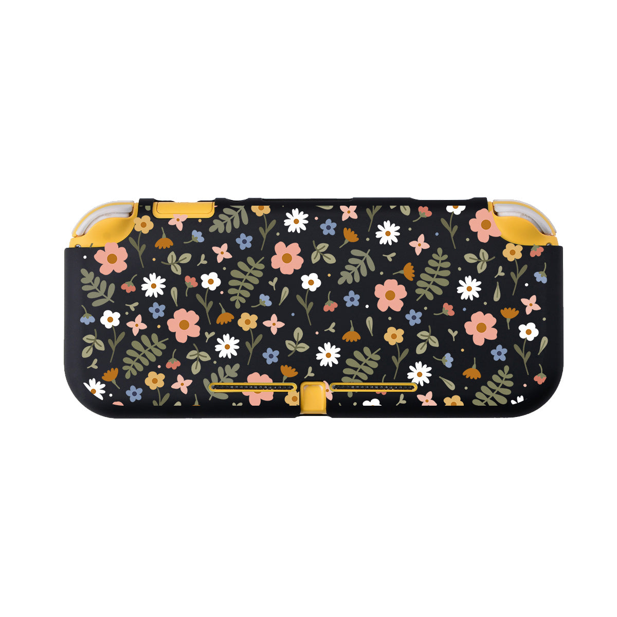 The petimint Spring LITE Case for Nintendo Switch features a black background adorned with a pattern of colorful flowers in shades of orange, pink, white, and blue, accompanied by green leaves. Perfect for the cozygamer, this case also includes yellow accents and is designed to cover electronic devices such as your Nintendo Switch.