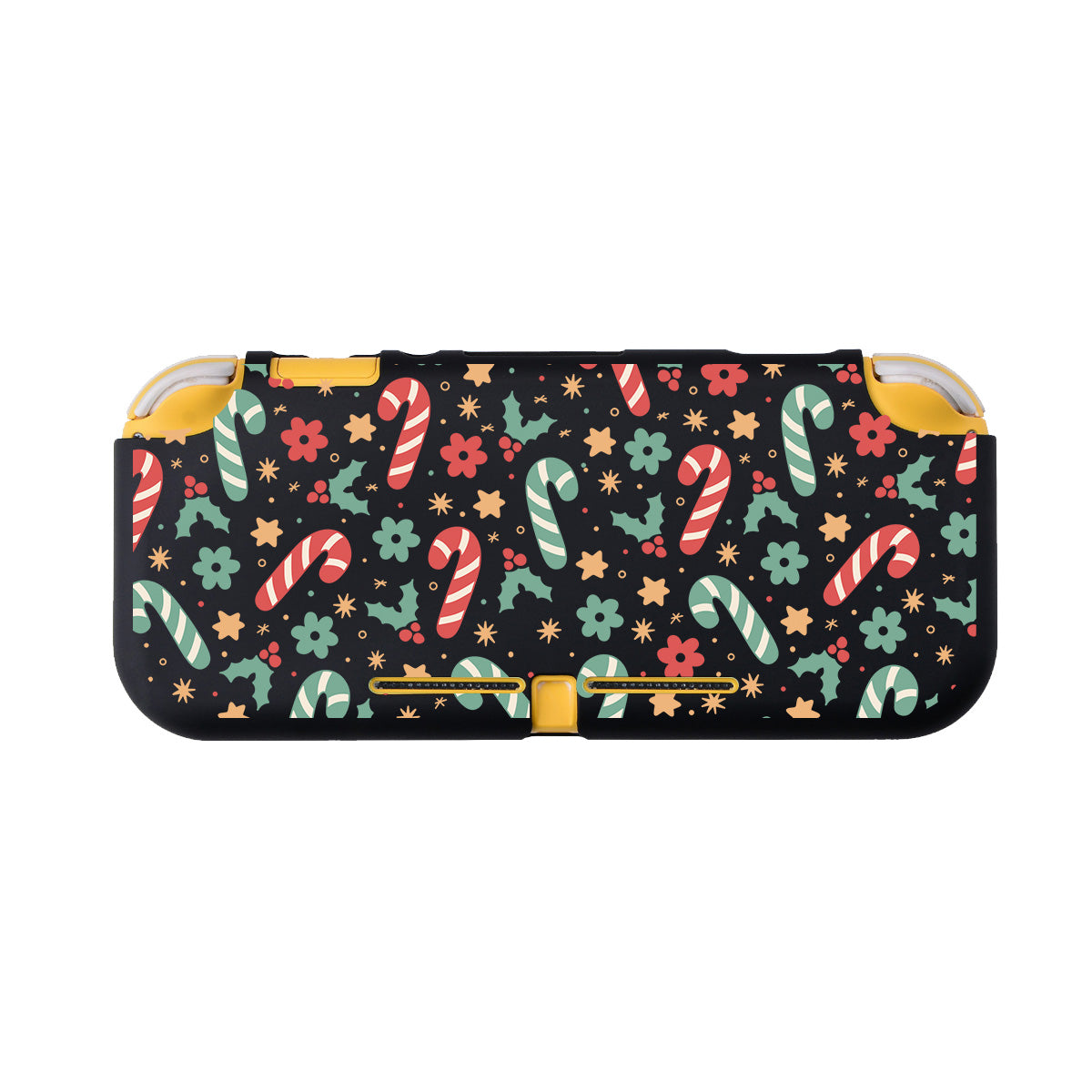 The Candy Cane LITE Case for Nintendo Switch by petimint is a rectangular case with rounded edges, featuring a festive and colorful pattern of red, green, and white candy canes along with various flowers and stars on a black background. The interior edges are yellow, making it perfect for the cozygamer's needs.