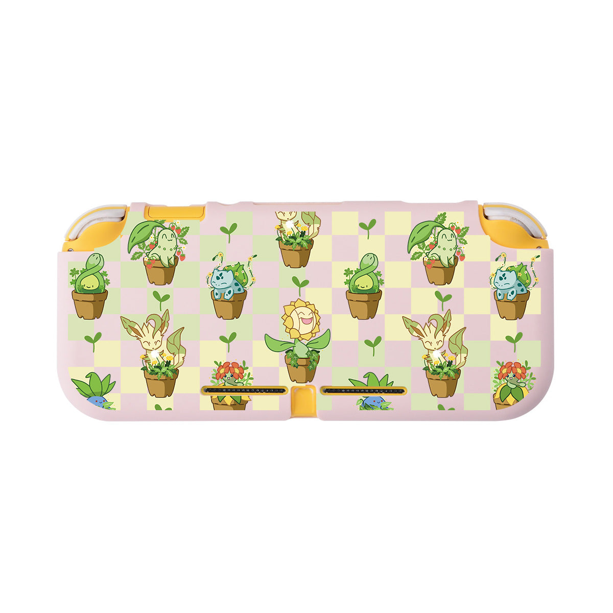 The Pokepots LITE Case for Nintendo Switch by petimint is a pink, pastel-colored case adorned with adorable illustrations of various Pokémon in plant pots against a checkered background. The pots feature Pokémon like Bulbasaur, Ivysaur, and others, creating a cute and garden-like aesthetic perfect for any cozy gamer.