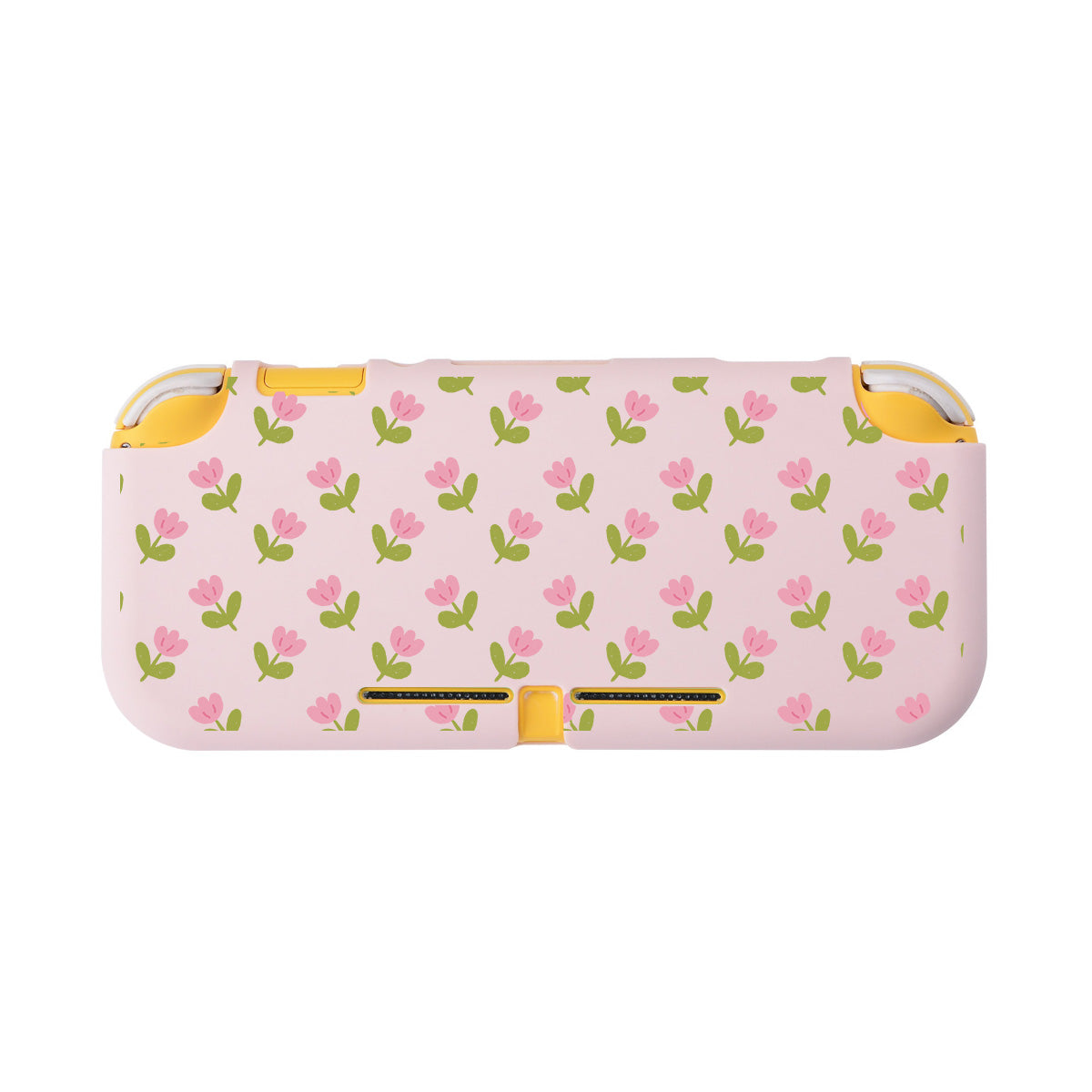 Introducing the Pink Tulips LITE Case for Nintendo Switch by petimint, a pastel-colored case adorned with a repeating pattern of pink tulips and green leaves on a light cream background. Ideal for the cozy gamer, this stylish accessory features yellow accents and convenient openings for buttons on the top edge.