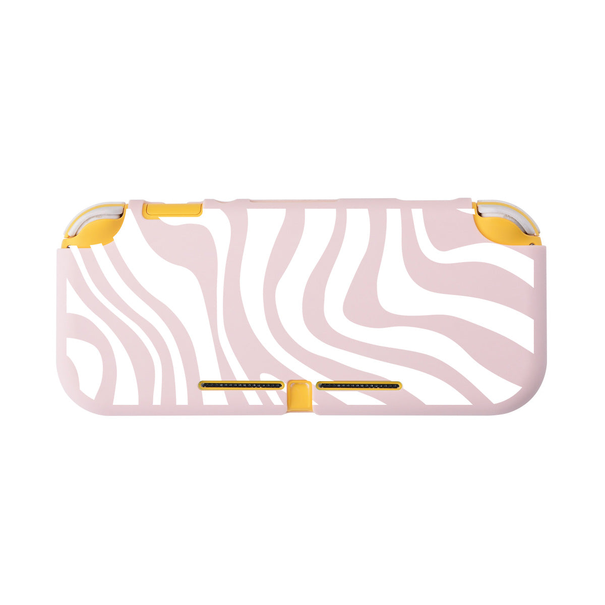 Introducing the Zebra LITE Case for Nintendo Switch by petimint, adorned with a sleek pink and white zebra stripe pattern. Featuring yellow accents around the corners and connection points, this stylish and cozy cover offers trendy cozygamer vibes while providing excellent protection for your device.