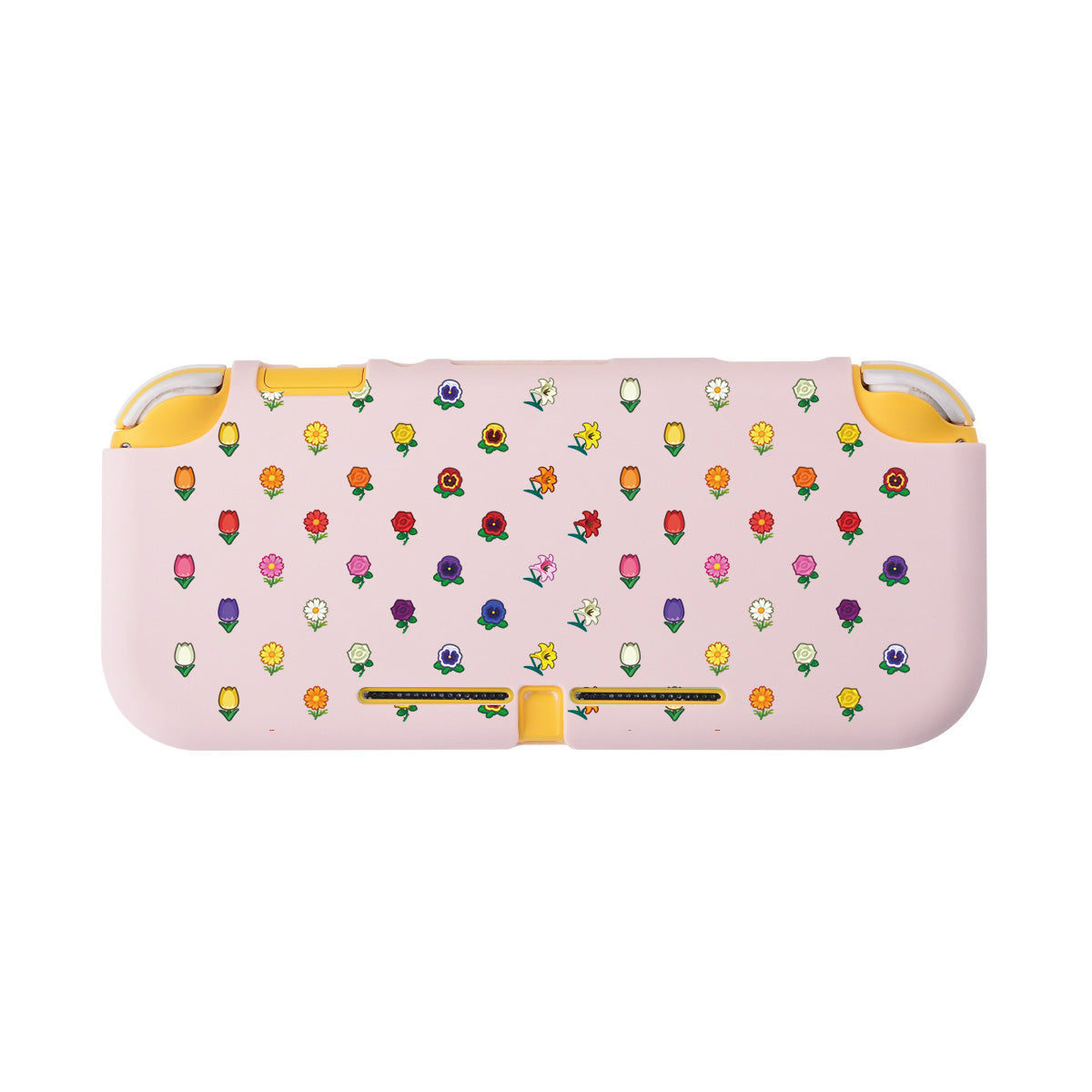 The Flower Crossing LITE Case for Nintendo Switch by petimint is a light pink, rectangular cover decorated with small, colorful flowers and sprouting leaves. It features whimsical yellow accents along the edges, two openings on either side, and a playful design with shades of red, yellow, purple, and green.