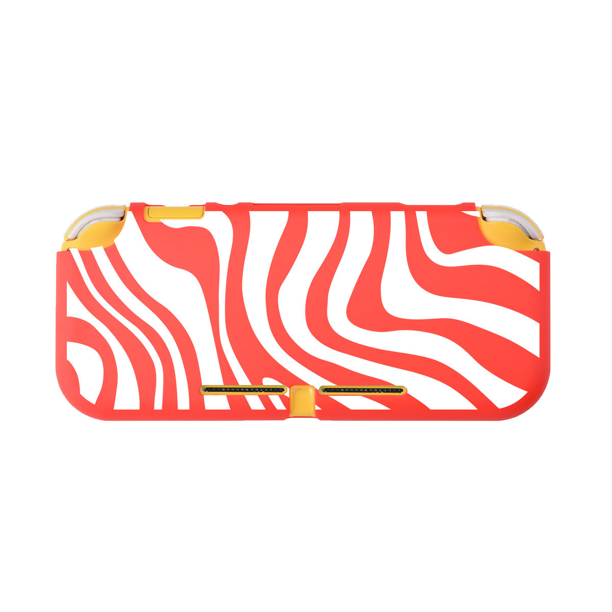 Introducing the Zebra LITE Case for Nintendo Switch by petimint, a striking protective case in bold red adorned with a zebra pattern. This accessory stands out with yellow accents around the corners and cutouts for the shoulder buttons, making it an essential addition for any dedicated gamer.