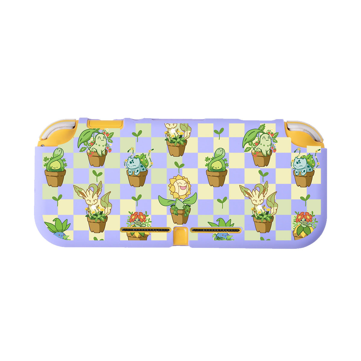 A cozygamer's dream, the petimint Pokepots LITE Case for Nintendo Switch features a lilac checkerboard pattern adorned with beloved Pokémon characters like Bulbasaur and Eevee, nestled among plant pots and flowers.