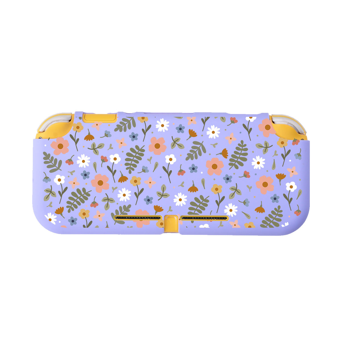 The Spring LITE Case for Nintendo Switch by petimint is a pastel purple protective case adorned with an intricate botanical design featuring various small flowers and leaves in orange, white, green, and yellow. Perfect for the cozygamer.