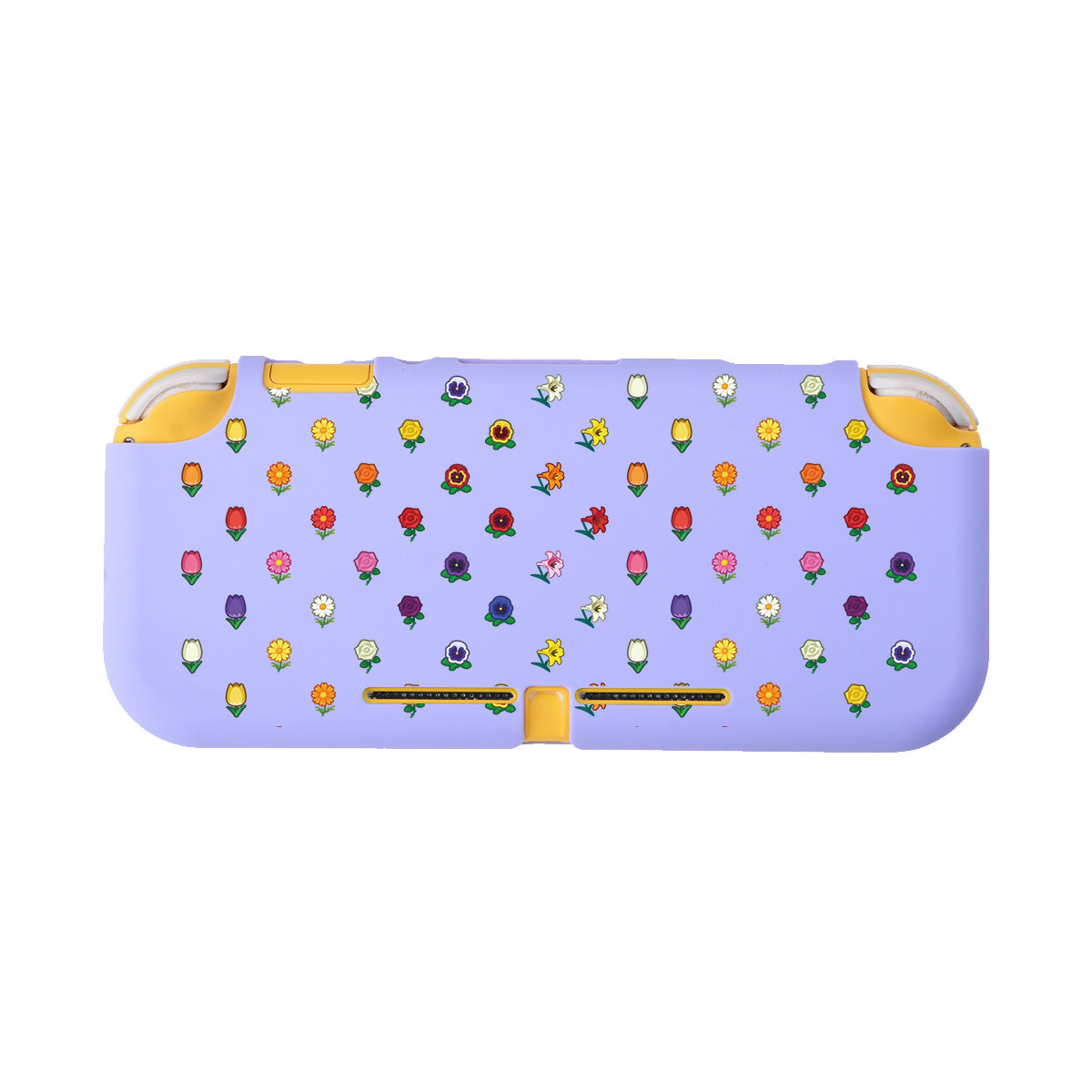 The Flower Crossing LITE Case for Nintendo Switch by petimint is a purple case adorned with vibrant, miniature floral patterns. Ideal for the cozygamer, it features visible Joy-Con cutouts and button areas, and includes a striking yellow accent around the top shoulder buttons.