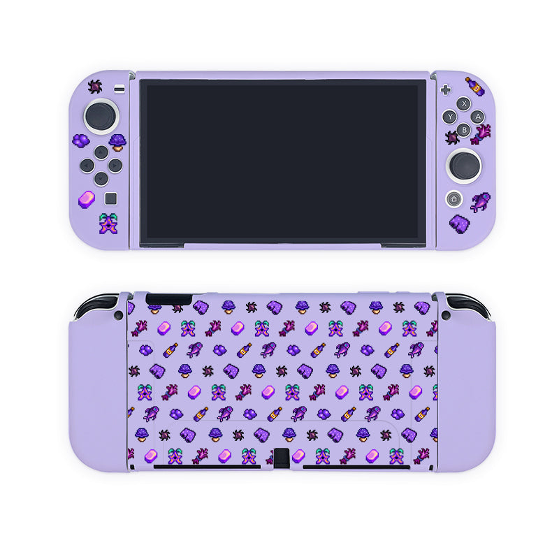 Introducing the Purple Stardew Items Case for Nintendo Switch by petimint, a lilac-colored handheld gaming accessory perfect for any cozygamer. This case boasts various small, colorful icons and features a front screen with buttons on either side. The back is adorned with repeating icon patterns, adding a touch of charm to your gaming experience.