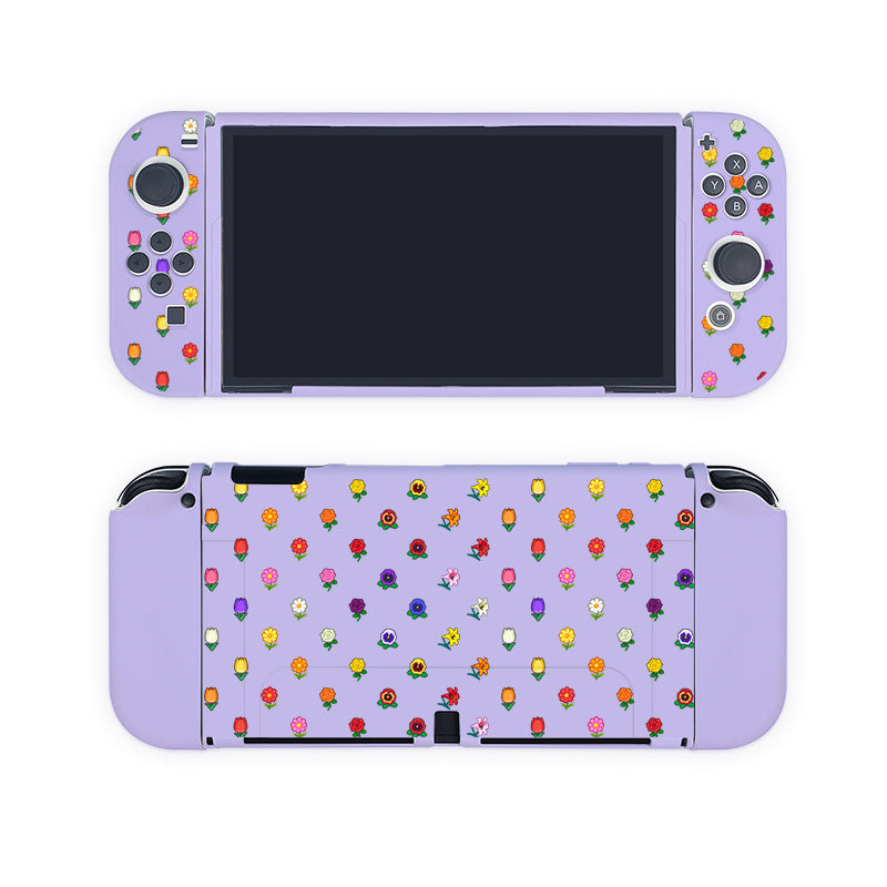 The Flower Crossing Case for Nintendo Switch by petimint resembles a piece of gamer's apparel with its light purple casing adorned with colorful floral patterns. The front view showcases the console's screen and various control buttons, while the back is fully decorated with the vibrant floral design.