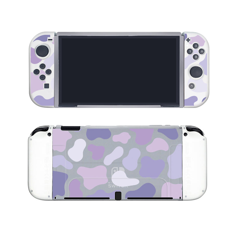 The Lilac Cow Case for Nintendo Switch by petimint flaunts a cozygamer aesthetic with its decorative pastel camouflage design in purple, gray, and white, elegantly gracing both the front controllers and the back cover.