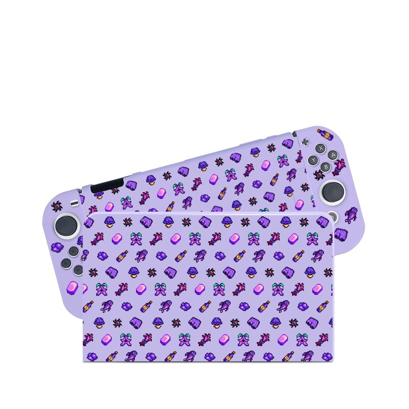 A Purple Stardew Items Case for Nintendo Switch by petimint, featuring a light lilac background adorned with a repeating pattern of small, colorful gaming icons. These icons, ideal for any gamer, include hearts, coins, stars, and characters in shades of purple, blue, yellow, and pink.