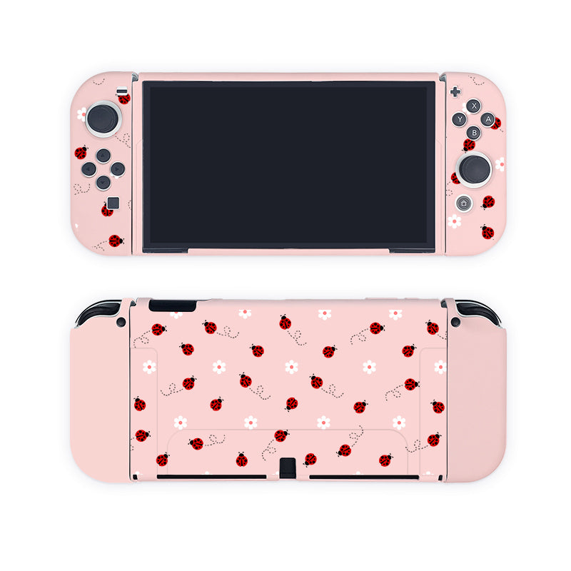 The Little Ladybug Case for Nintendo Switch by petimint is shown with cute ladybug and flower patterns on both the front and back. The patterned case features red and black ladybugs alongside small white flowers, giving it a whimsical and playful appearance perfect for any gamer.