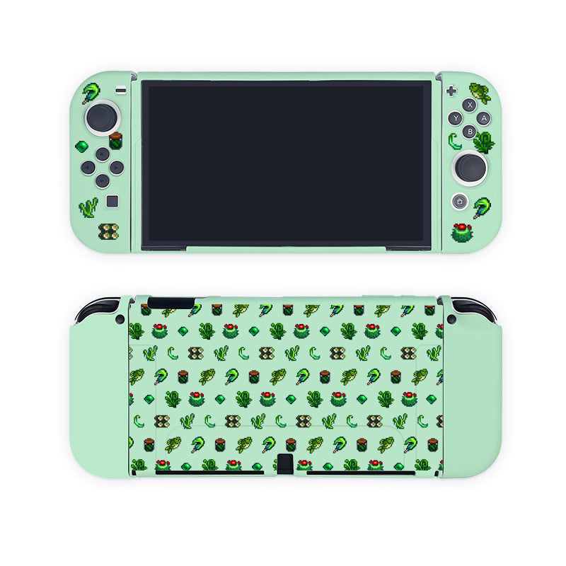 Introducing the Green Stardew Items Case for Nintendo Switch by petimint, perfect for any gaming enthusiast. This mint green case features a charming animal and plant-themed design. Decorative icons surround the buttons and joystick on the front, while a repeating pattern of small animal and plant illustrations reminiscent of apparel prints adorns the back.
