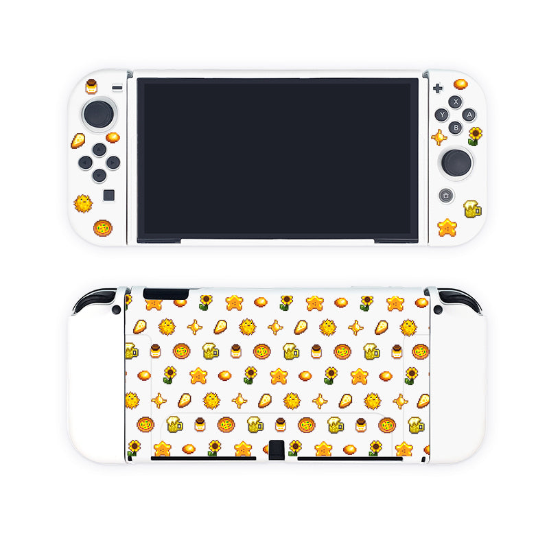 Introducing the Yellow Stardew Items Case for Nintendo Switch by petimint. This white handheld gaming console case features a vibrant, playful pattern adorned with suns, flowers, bread, and other delightful doodles. Perfect for any cozygamer, this cheerful and whimsical design graces both the front and back of your Nintendo Switch, adding an extra touch of joy to your gaming experience.