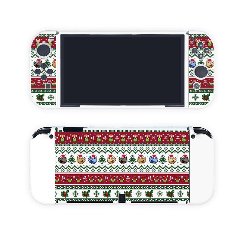 The handheld Nintendo Switch console is adorned with the *Stardew Christmas Case for Nintendo Switch* by **petimint**, featuring a festive holiday-themed skin. The case boasts red, green, and white patterns including snowflakes, Christmas trees, and reindeer that beautifully cover both the front panel around the screen and the back panel of the console.