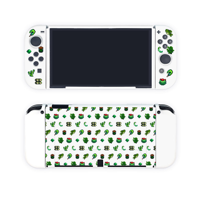 Introducing the Green Stardew Items Case for Nintendo Switch by petimint, a white handheld gaming console case perfect for the cozy gamer. Both sides are adorned with various small, colorful plant and cactus stickers. The front features cutouts for the screen and control buttons, while the back is entirely covered with a vibrant plant-themed design.