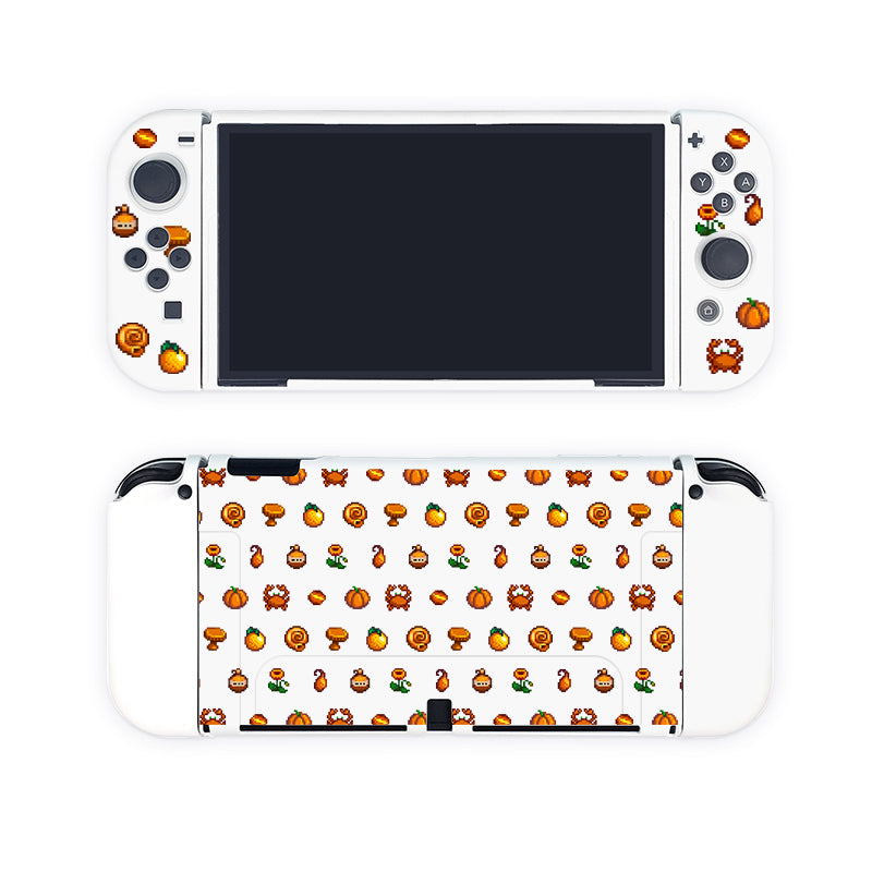 Introducing the Orange Stardew Items Case for Nintendo Switch by petimint, a white handheld gaming console accessory perfect for the cozy gamer. The front of this case showcases pixel art of pumpkins, acorns, and leaves around the screen and buttons. The back is adorned with a seamless repeating pattern of the same charming autumn-themed pixel art.