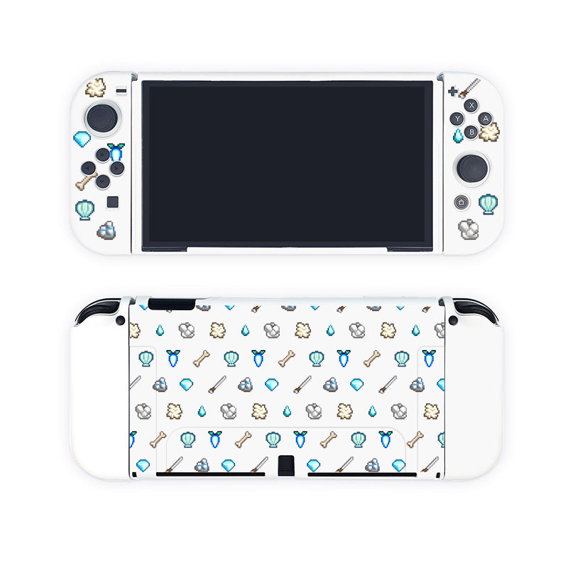 Introducing the White Stardew Items Case for Nintendo Switch by petimint: A beautifully designed white gaming console cover adorned with small, colorful icons of tools, plants, and various objects. Perfect for any gamer, this case showcases handheld parts at the top and bottom; the top part features control buttons around the screen, while the bottom part reveals a charming back design.